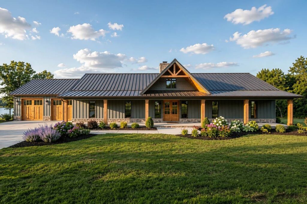 Modern Farmhouse plan exterior: single-story, metal roof, wide covered porch, stone accents, and a prominent gable entry.