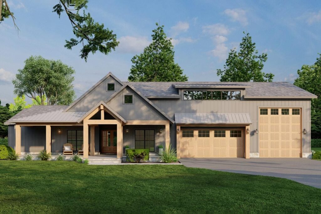 House plan exterior with Craftsman style, single story, a covered porch, multiple gables, and a detached garage.