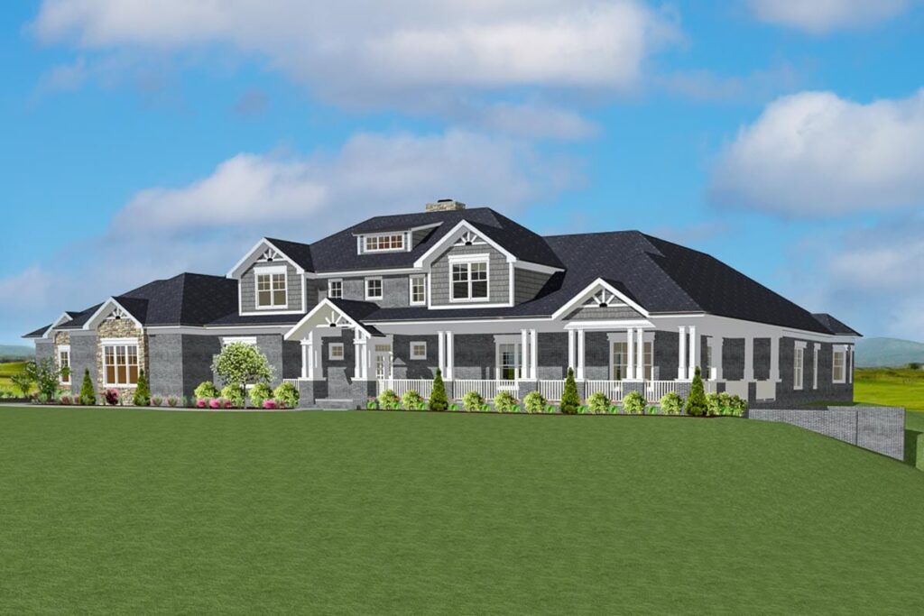 House plan exterior. Two-story home with a wraparound porch, gables, and dormers. Features include a brick facade with a dark gray roofline.