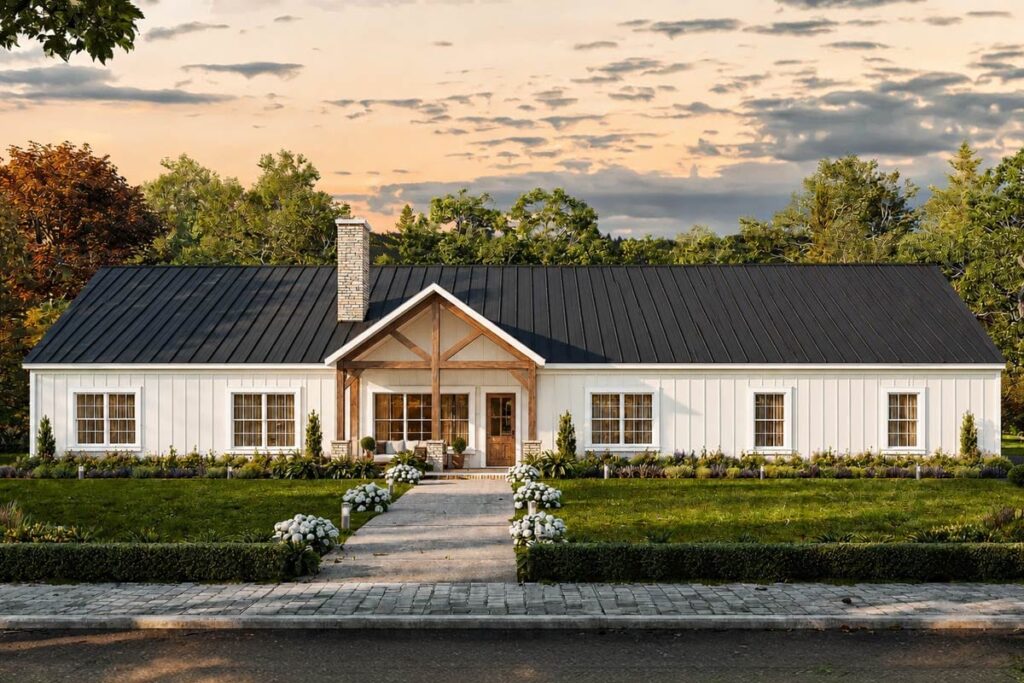 Modern Farmhouse house plan exterior with white board and batten siding, black metal roof, prominent gables, and brick chimney.