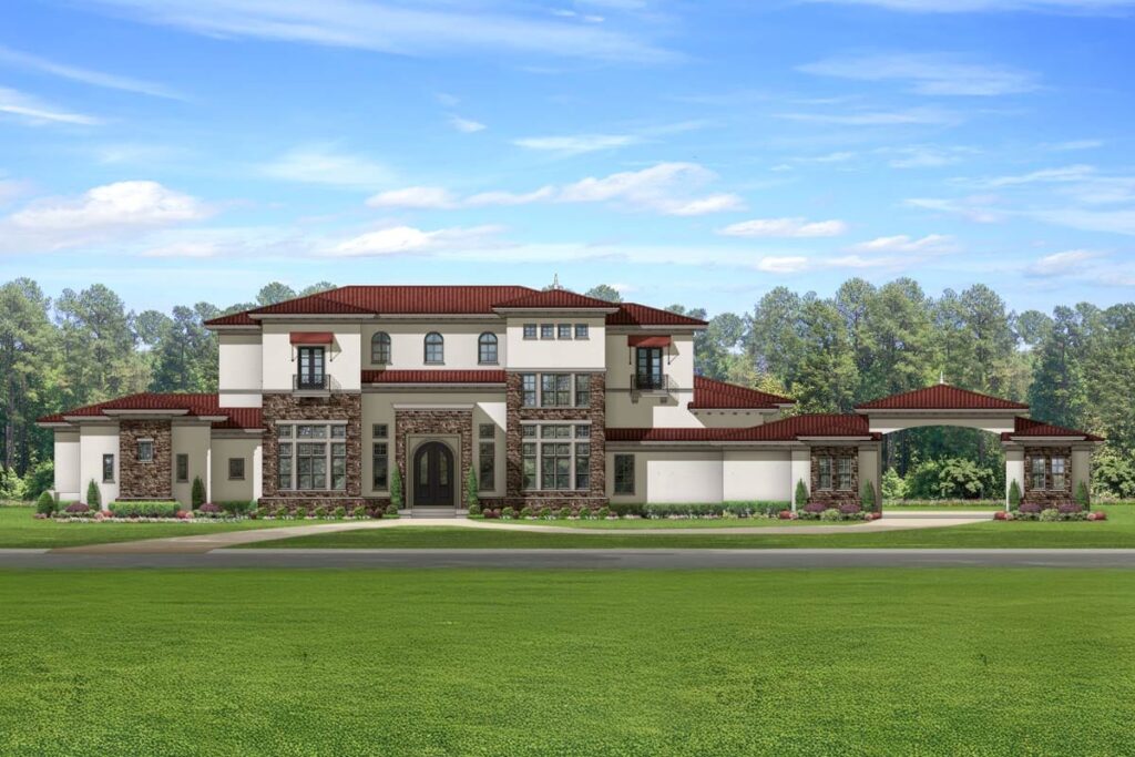 House plan exterior rendering with stucco finish, tile roof, arched windows, stone accents, and an entrance gate.